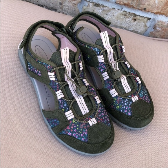 Lands End Suede Fabric Floral Green Bungee Cord Close Toe Women Sport Sandal 9B - Picture 10 of 14